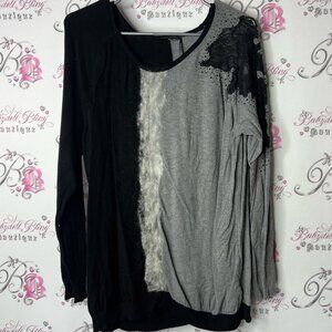 Tricotto long sleeve sweater top lace detail Black and Gray Artistic Blouse